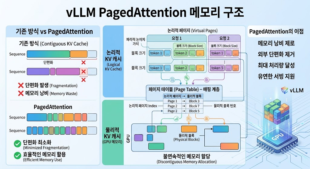 기존 연속형 KV 캐시에서 발생하는 단편화 및 메모리 낭비 문제를 해결하는 vLLM PagedAttention의 메모리 구조 다이어그램. 논리적 KV 캐시의 가상 페이지들이 페이지 테이블 매핑 계층을 거쳐 물리적 GPU 메모리의 불연속적인 블록에 효율적으로 할당되는 과정을 보여주며, 메모리 낭비 제로 및 최대 처리량 달성 등의 기술적 이점