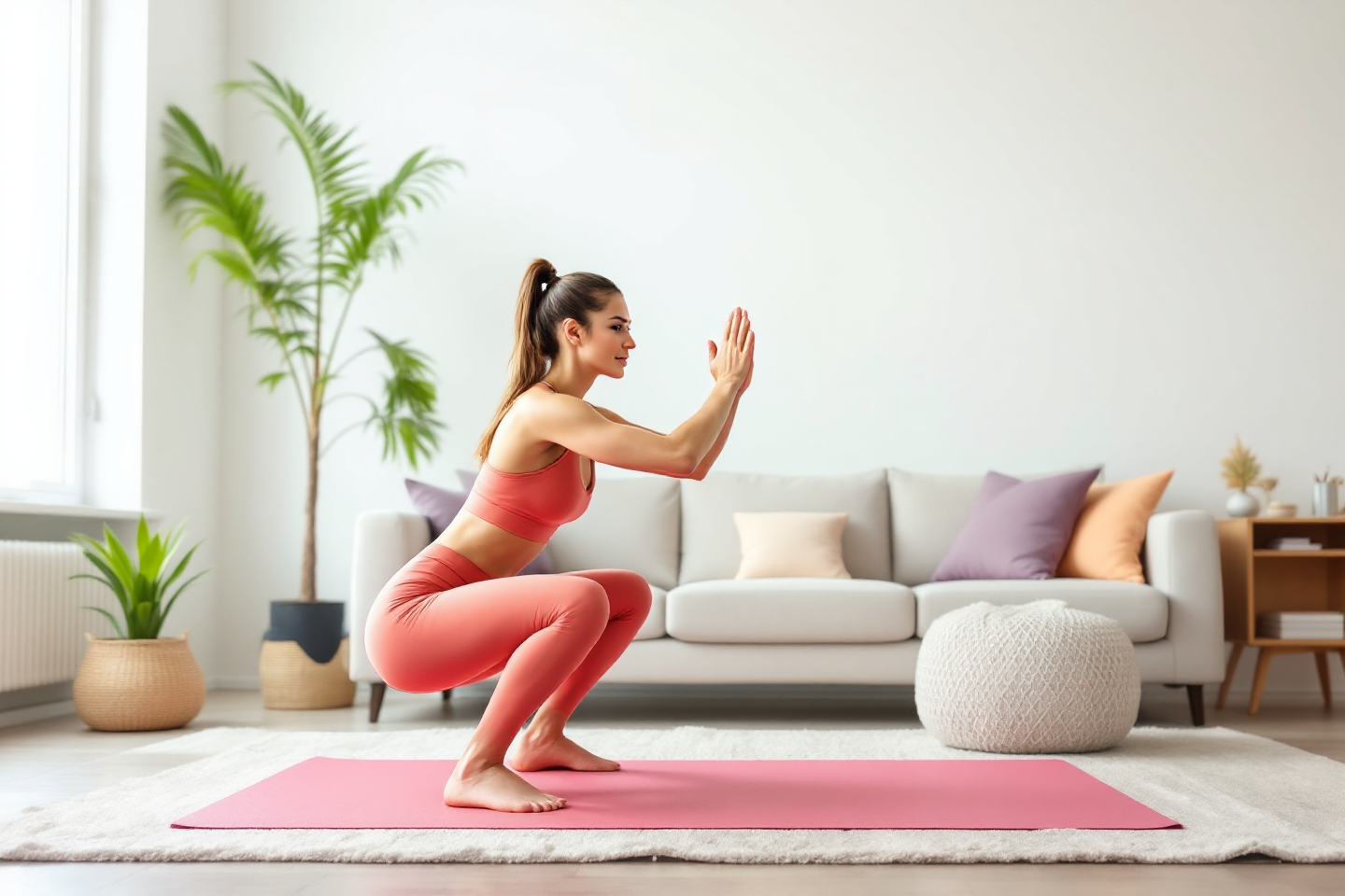 실내에서 스쿼트를 정확한 자세로 하고 있는 여성 이미지