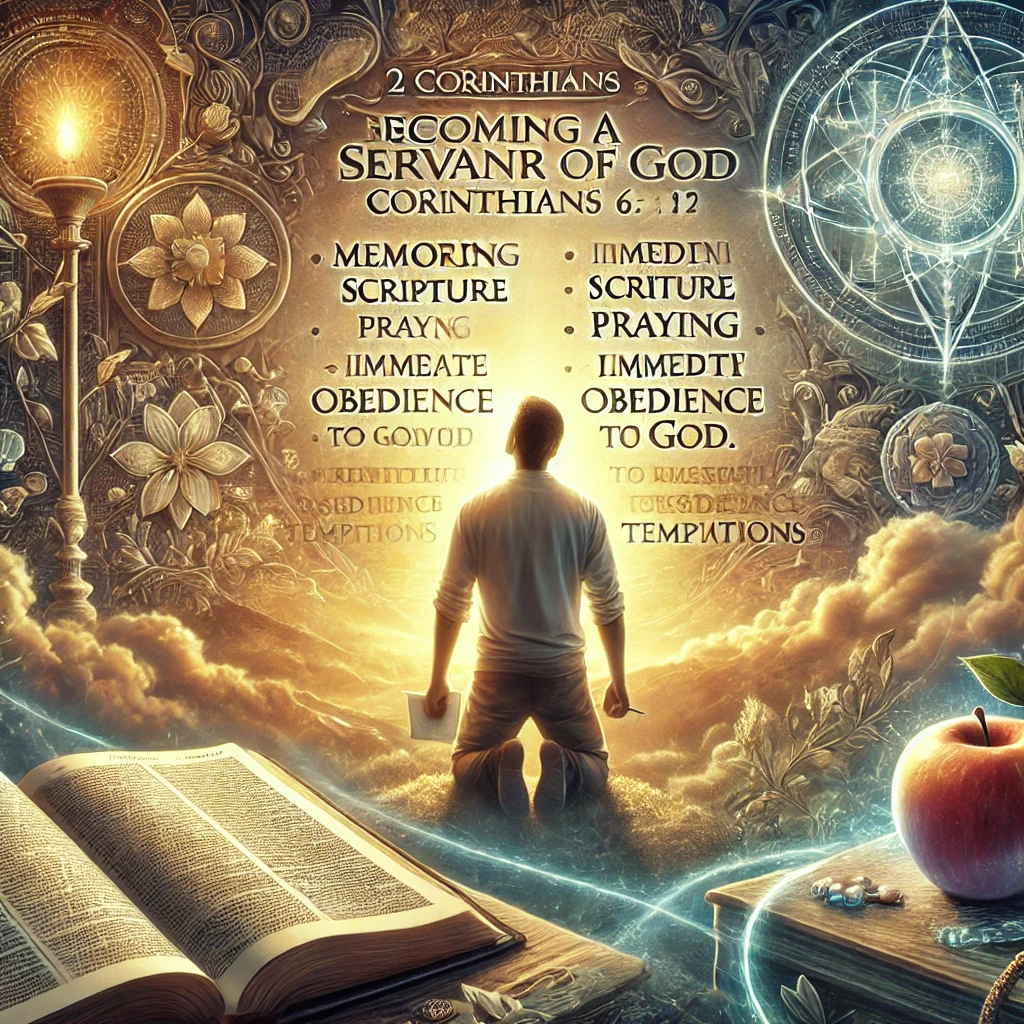 Here is the detailed and inspiring image showing a person dedicated to becoming a servant of God, inspired by 2 Corinthians 6:1, 2, and 10. The scene includes elements symbolizing joy, spiritual richness, and a sense of divine connection, depicting the individual's commitment to scripture memorization, prayer, and immediate obedience to God's word.