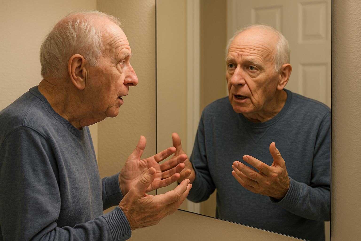 거울속 자신과 얘기하는 어르신