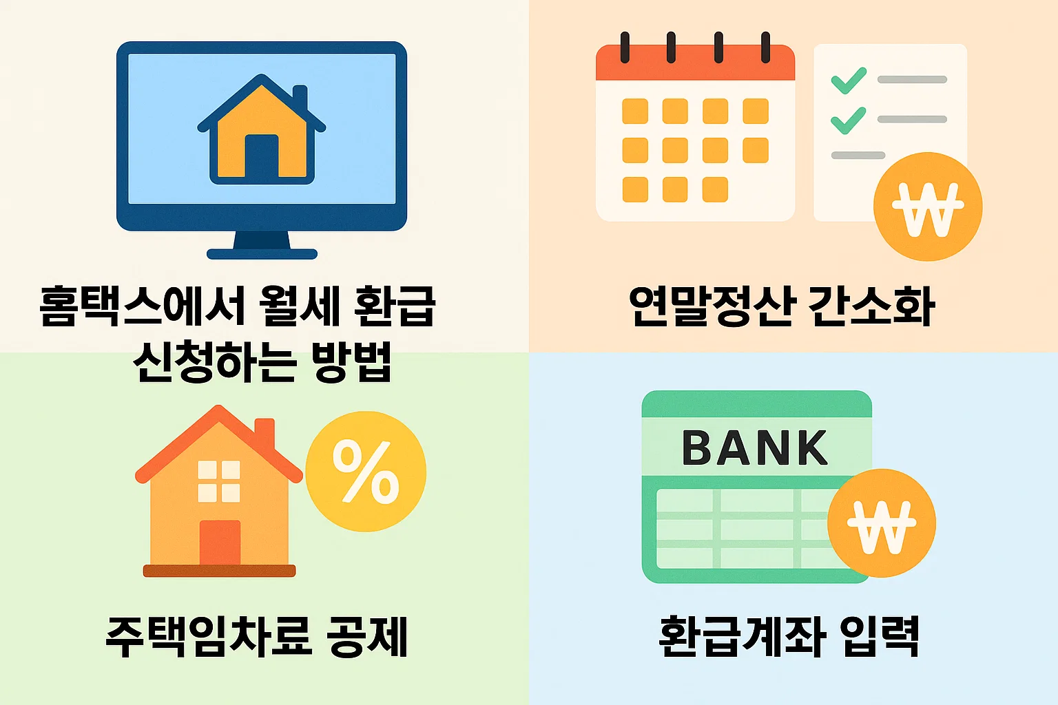 홈택스에서 월세 환급을 신청하는 방법, 연말정산 간소화 절차, 환급계좌 입력 등 실제 진행 단계를 단계별로 설명한 인포그래픽입니다.