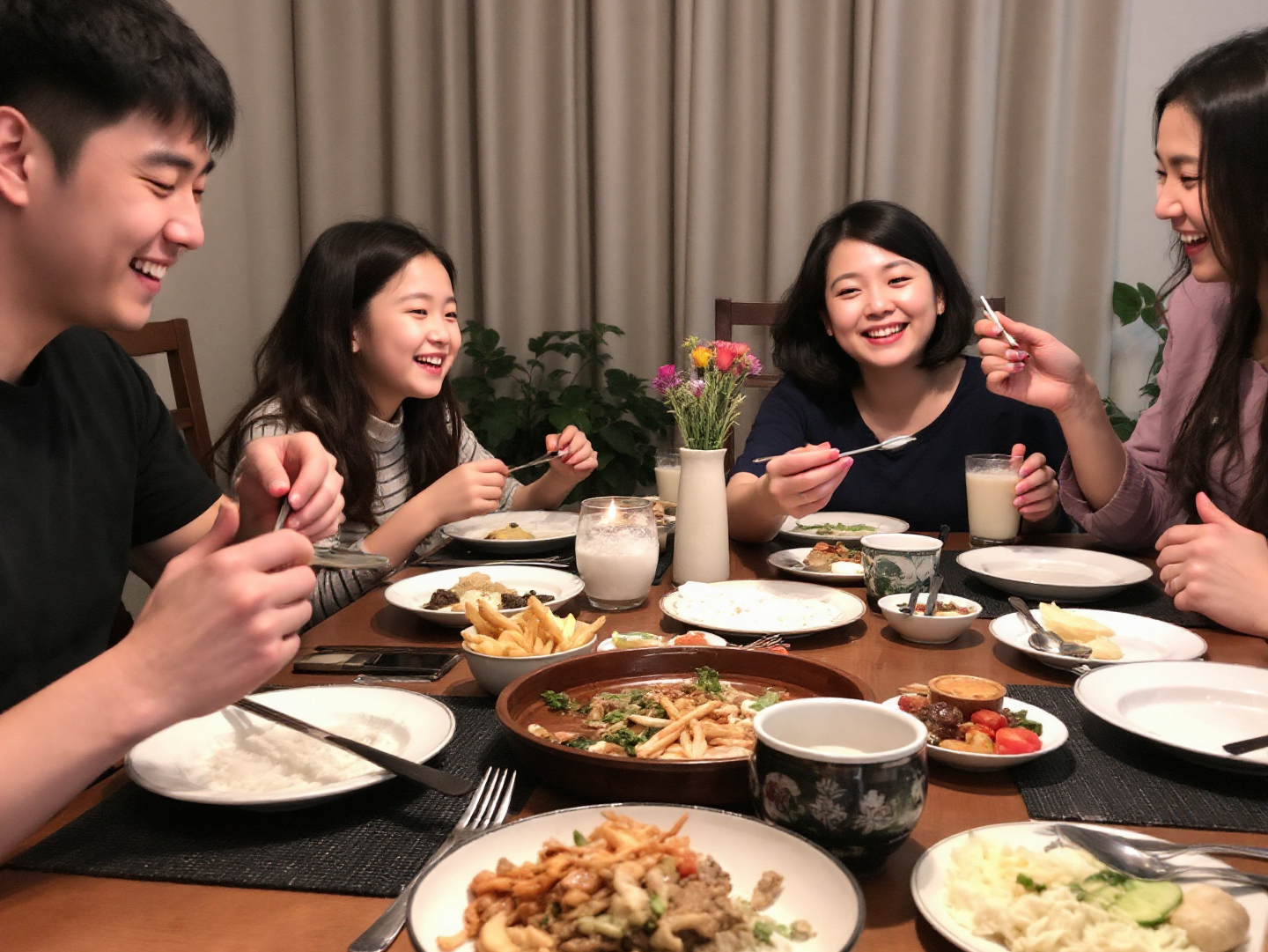 가족이 둘러앉아 식사를 하고 있다