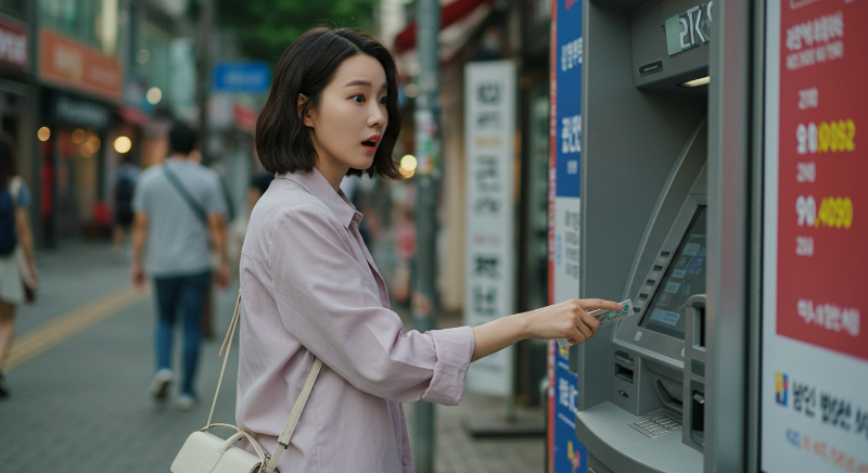 은행 환율 차이로 돈을 더 지불하는 것을 깨닫고 있는 젊은 한국 여성