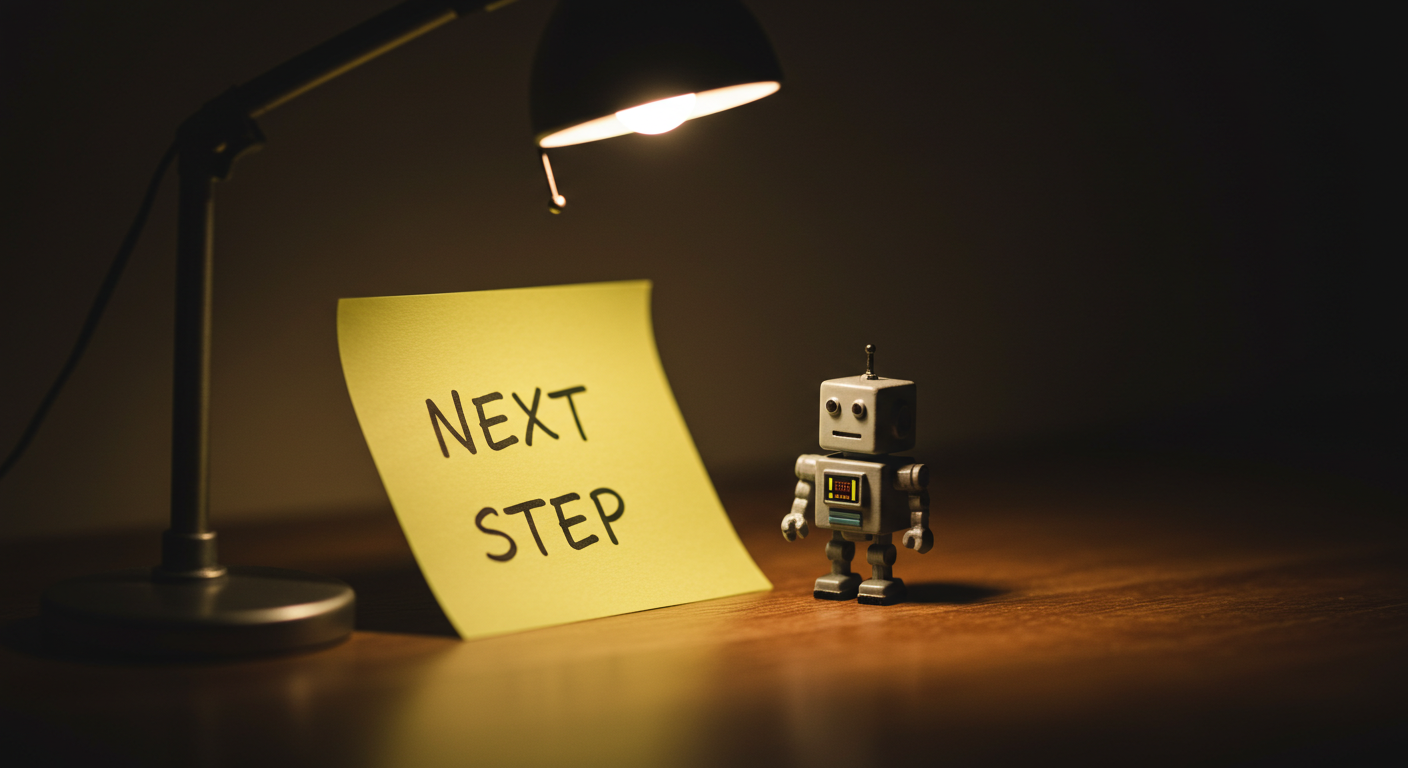 밤 조명 아래 미니어처 로봇과 작은 메모지에 내일 할 일을 적어두는 틸트쉬프트 마무리 장면