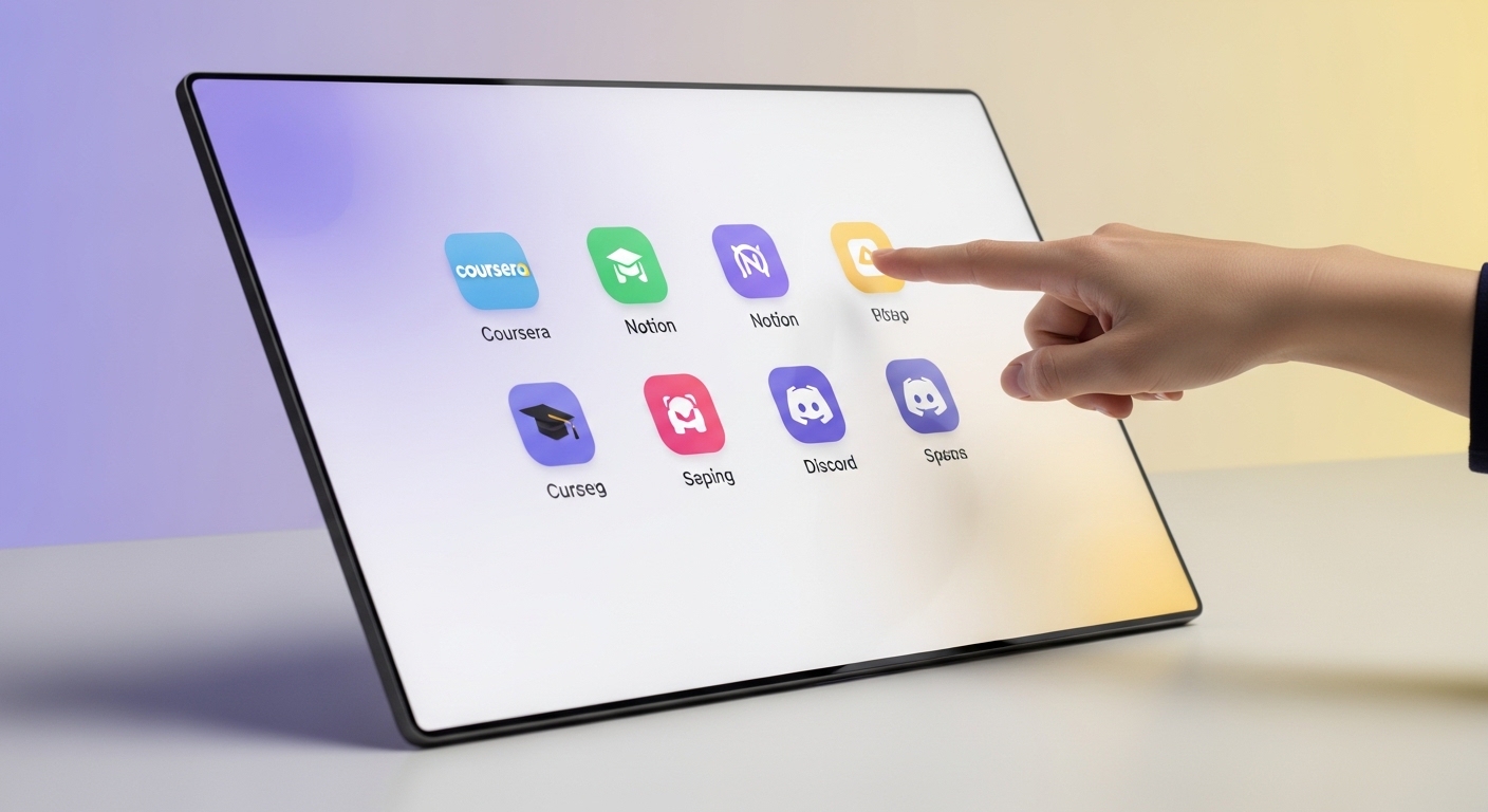 쿠세라, 노션, 디스코드 등 다양한 온라인 학습 플랫폼 아이콘이 깔끔하게 정돈된 화면. 유용한 도구를 활용하는 모습을 나타냅니다.