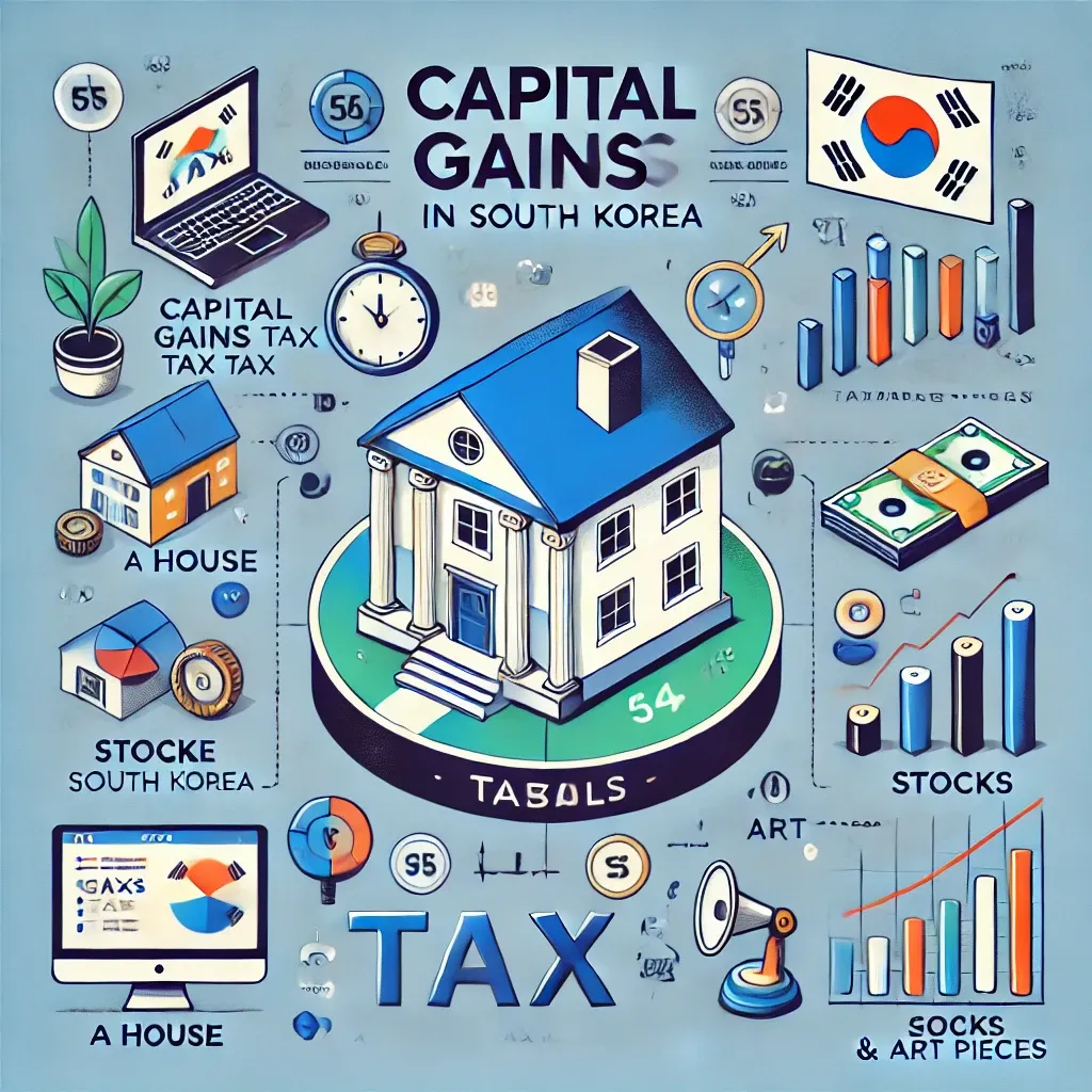 부동산&amp;#44; 주식&amp;#44; 예술품 등 양도소득세 과세 대상 자산을 설명하는 인포그래픽