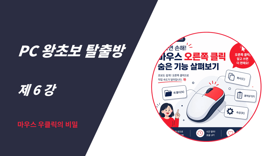 마우스 우클릭을 숨겨진 메뉴를 여는 마법의 열쇠로 설명하는 화면. 바탕화면 우클릭, 파일 및 폴더 우클릭, 인터넷 브라우저 우클릭 시 나타나는 기능 목록 안내.