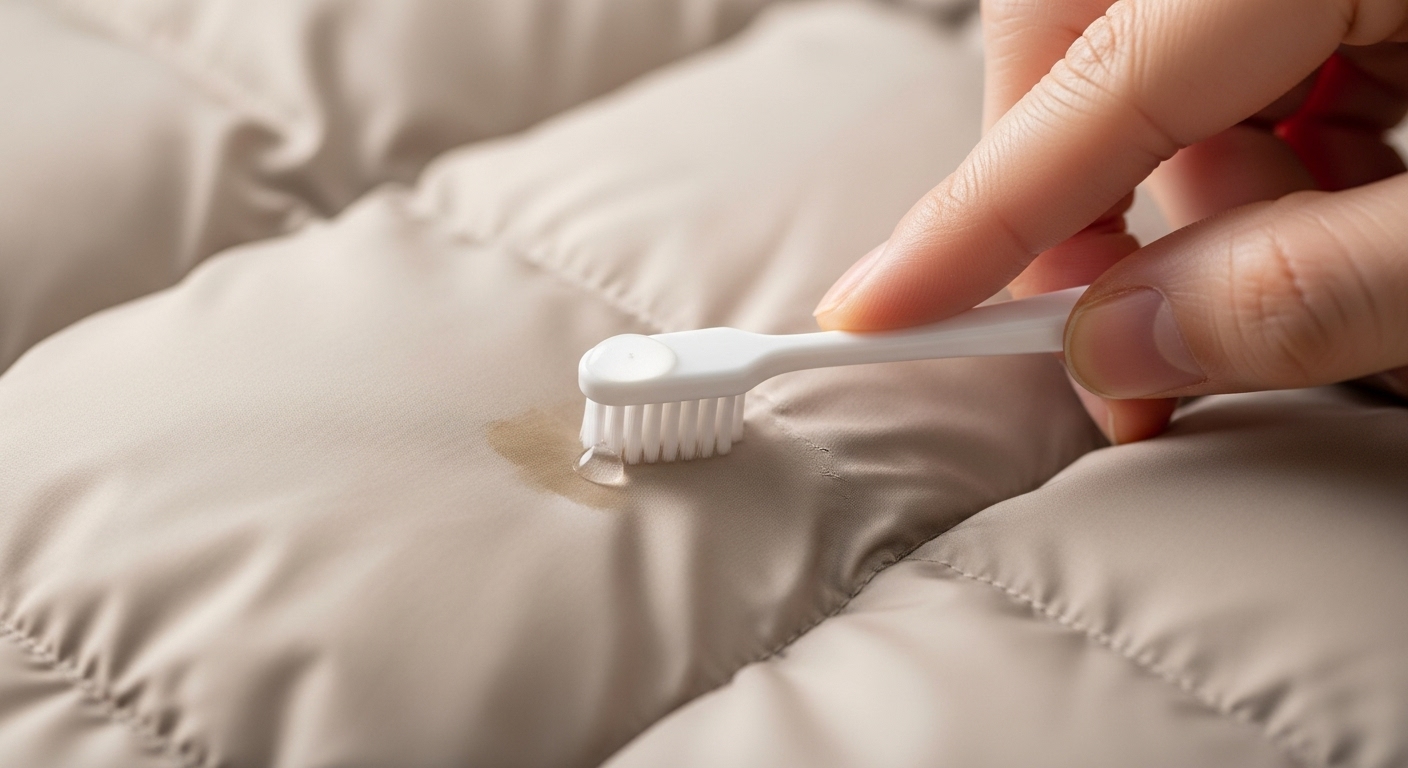 칫솔로 패딩의 작은 얼룩을 조심스럽게 제거하는 모습