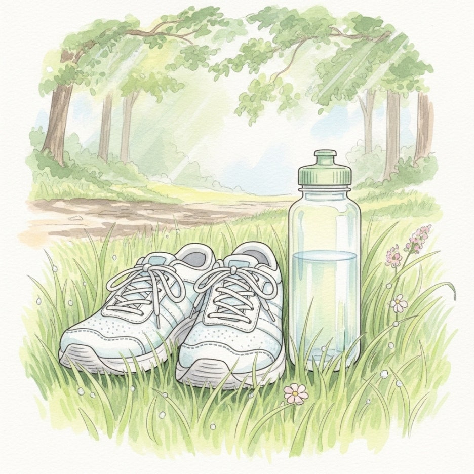 잔디밭 위에 놓인 운동화와 물병을 그린 부드러운 수채화