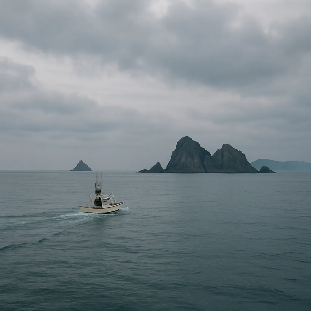 낚싯배가 바위섬을 향해 나아가는 바다 풍경