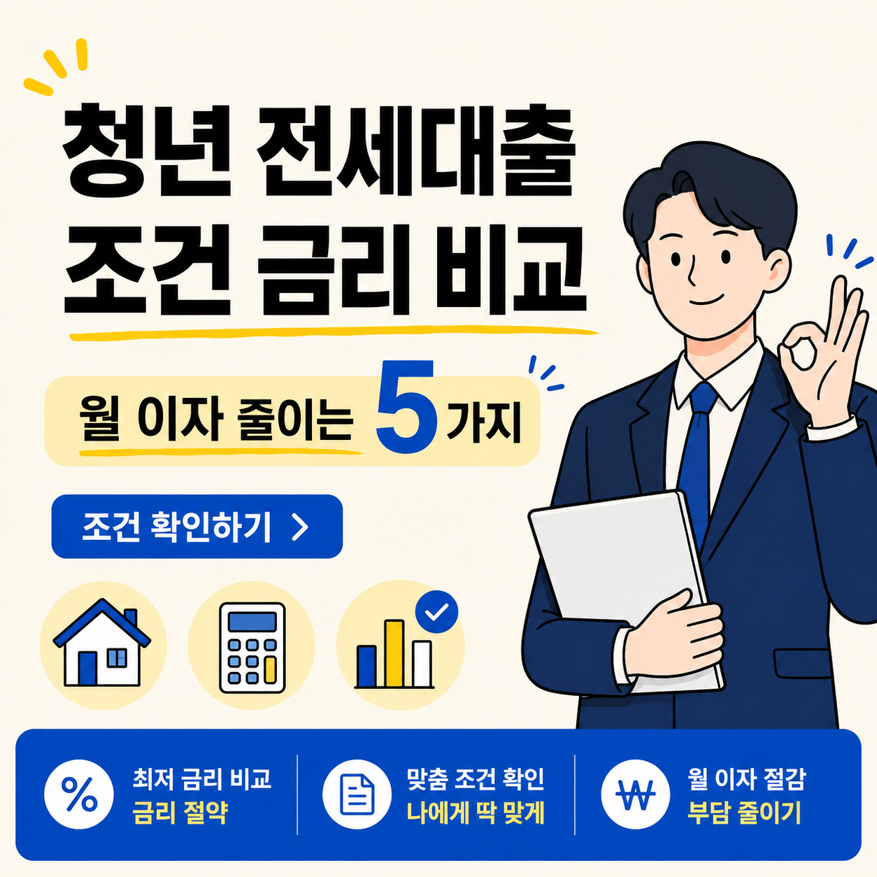 청년 전세대출 조건 금리 비교를 안내하는 금융 정보 썸네일로, 월 이자를 줄이는 5가지 방법과 금리 비교, 맞춤 조건 확인, 월 이자 절감 포인트를 강조한 이미지