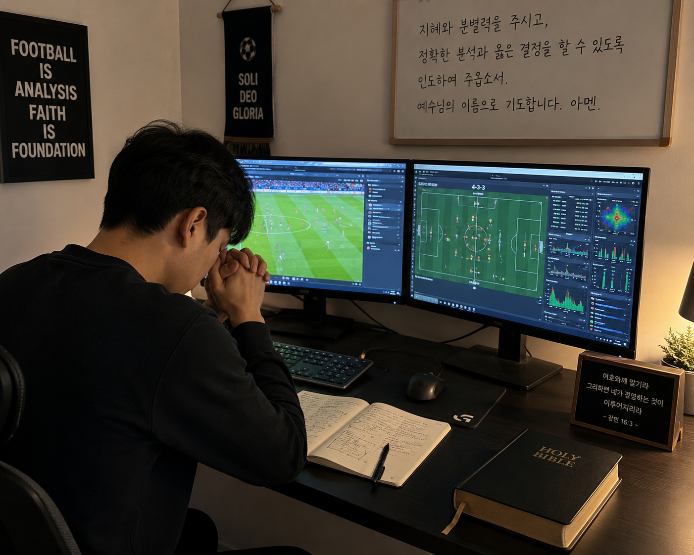 분석 경기를 앞두고 지혜를 구하며 기도하는 기독교인의 모습