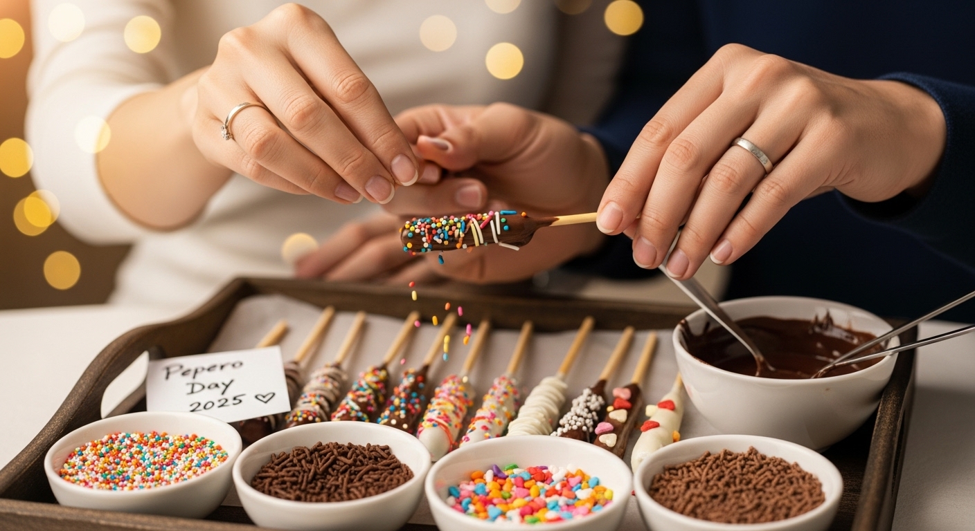 2025년 빼빼로데이를 맞아 커플이 함께 수제 빼빼로를 만들며 초콜릿과 스프링클로 장식하는 모습. 로맨틱한 분위기.