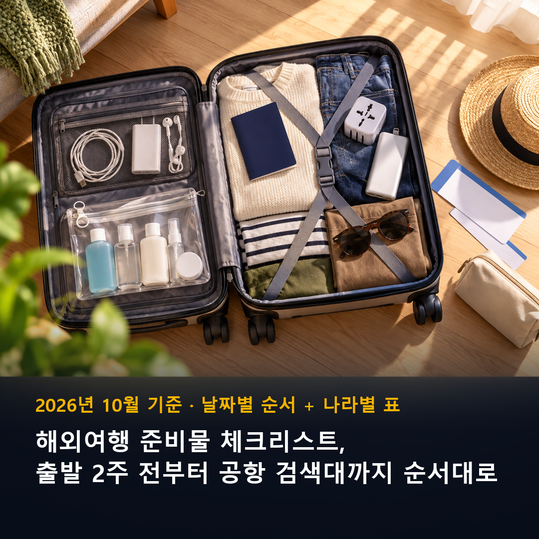 해외여행 준비물 체크리스트 여권과 멀티 어댑터를 담은 기내용 캐리어