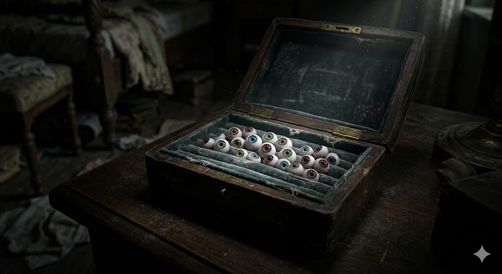 어두운 방 안, 열린 반지 상자 속에서 기묘하게 반짝이는 플라스틱 눈동자의 모습