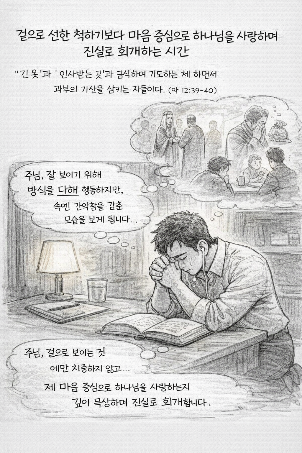 막 12:39-40 말씀을 통해 겉으로 잘 보이기 위해 선한 행동을 하더라도 마음에 이미 간악함을 간직한 채 살아가는 모습을 보며&amp;#44; 제가 보이는 것에 치중하기 보다 마음 중심으로 하나님을 사랑하는지를 깊이 묵상하며 진실로 회개하는 시간을 가지는 모습입니다.