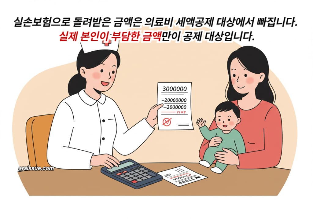 간호사가 의료비 내역을 계산기와 종이로 설명하고, 실손보험 수령액이 제외된 장면을 그린 일러스트