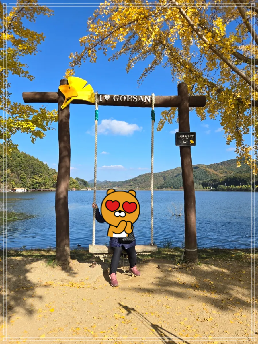 괴산-문광저수지-은행나무길-나무그네-조형물에-여자가-앉아-그네를-타고-있는-모습