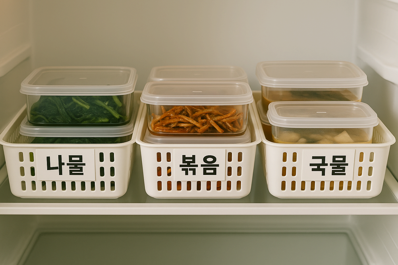 카테고리별 바스켓에 정리된 반찬통