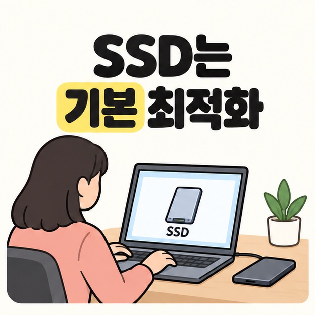 SSD는 기본 최적화 문구 아래 사용자가 SSD 그림이 표시된 노트북을 살펴보고 옆에 얇은 저장장치가 놓인 모습