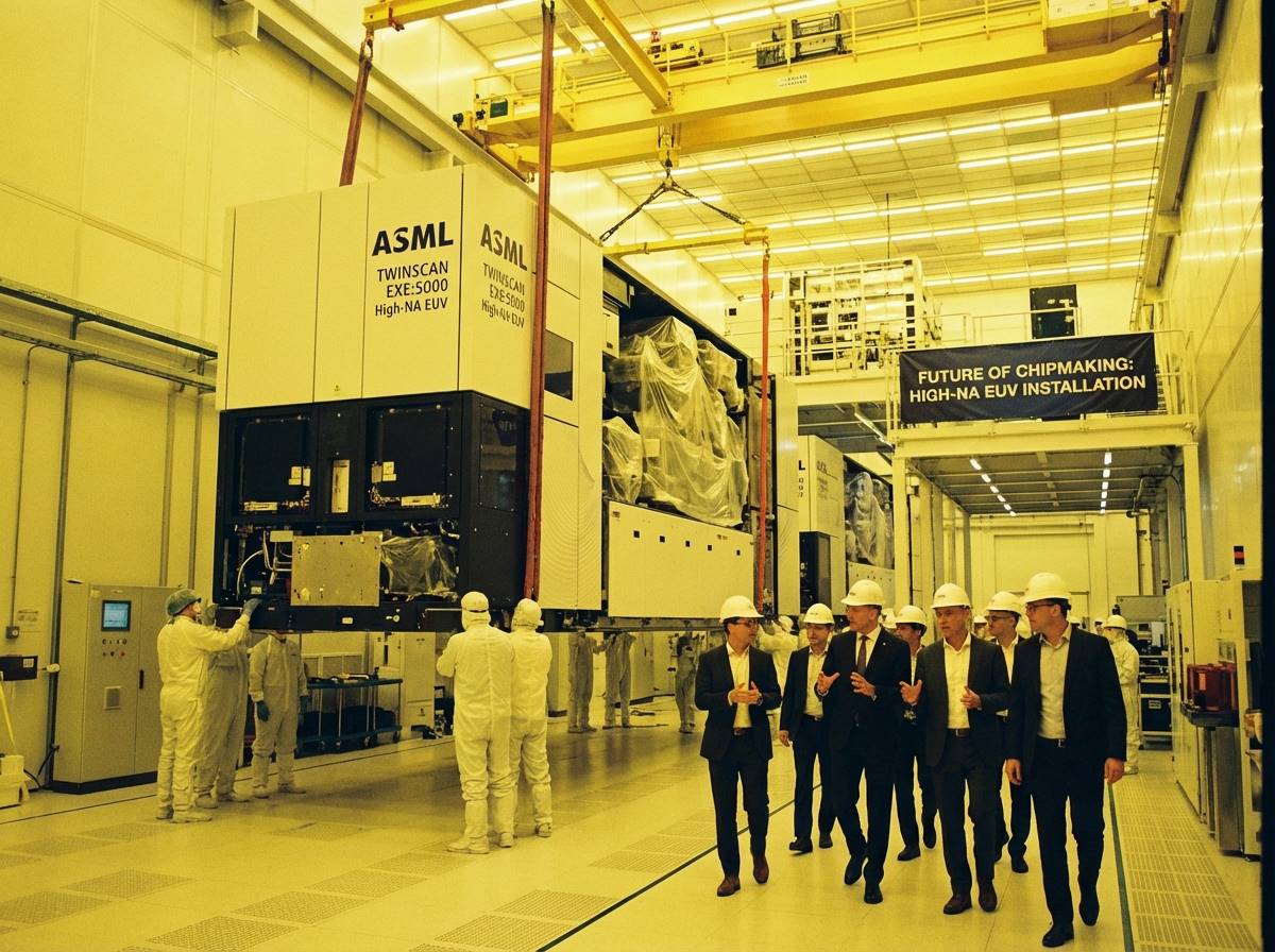 거대한 High-NA EUV 노광장비가 공장에 설치되는 모습과 그 앞을 지나는 전문가들의 회의 장면