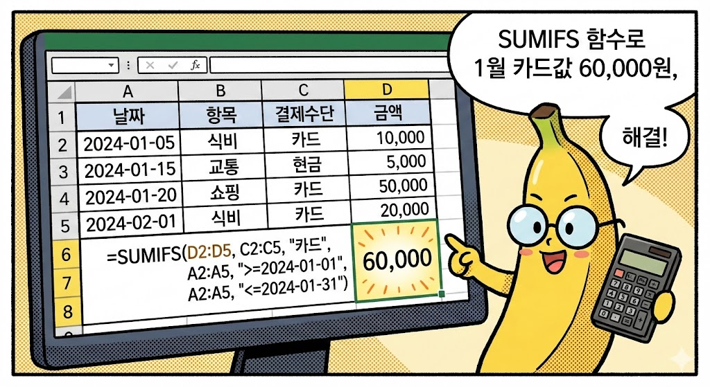 SUMIFS 함수: (심화) '1월'이면서 '카드'로 쓴 내역만 합산하기