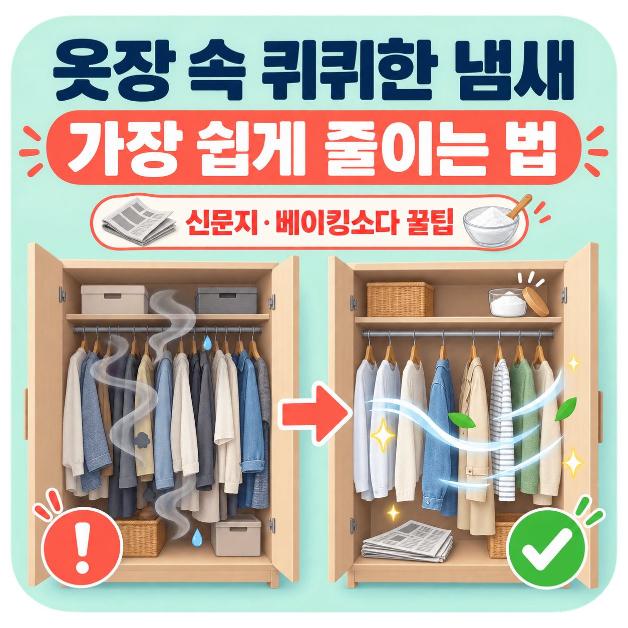 옷장 속 퀴퀴한 냄새를 줄이는 가장 쉬운 방법 (신문지·베이킹소다 활용 꿀팁)