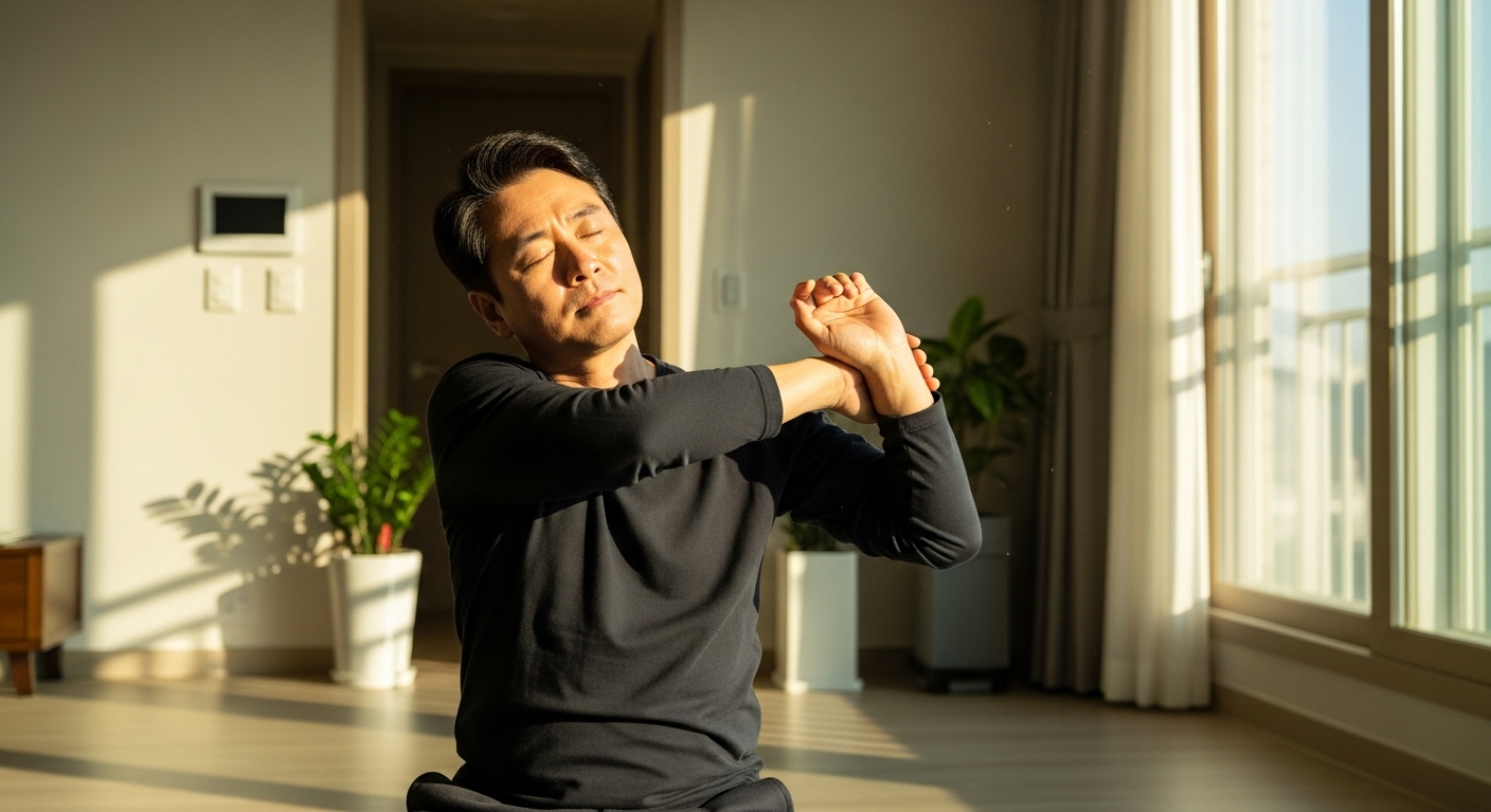 50대 한국인 남성이 거실에서 아침 스트레칭과 호흡을 한다