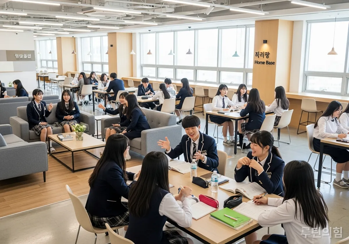 한국 고등학교 내에 마련된 최신식 홈베이스 라운지에서 학생들이 자유롭게 학습하고 토론하는 모습