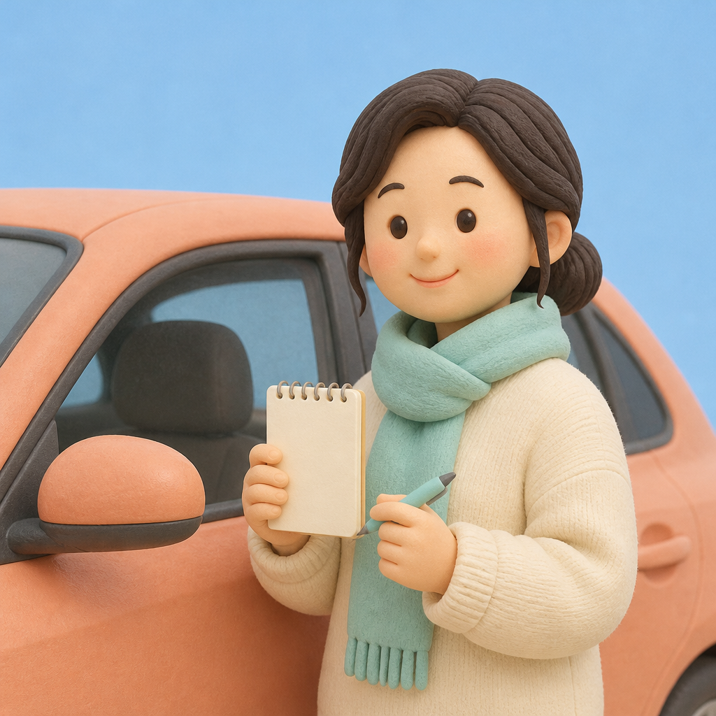 주차된 차 옆에서 체크리스트 메모를 들고 있는 성글이