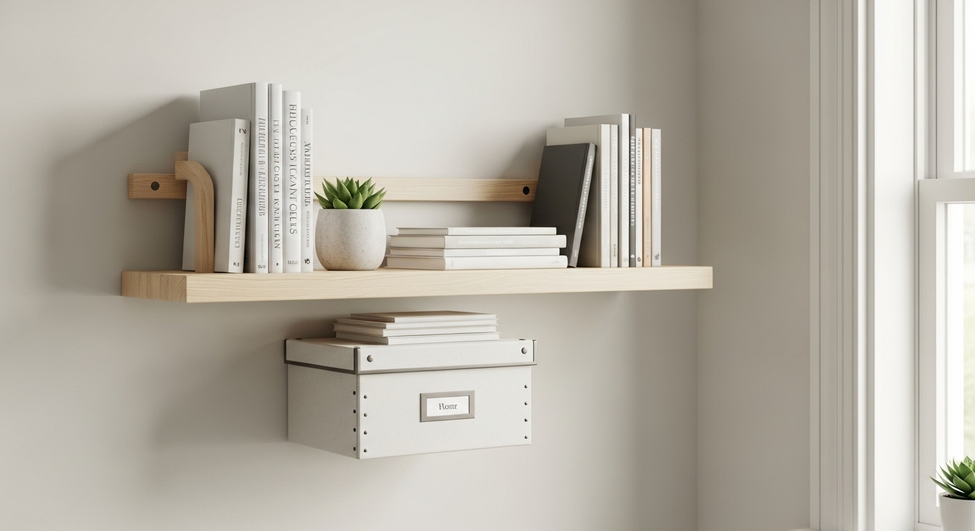 간단한 DIY로 만든 벽 선반과 수납함이 돋보이는 자취방. 적은 비용으로 효율적인 수납과 깔끔한 공간을 연출한 모습.