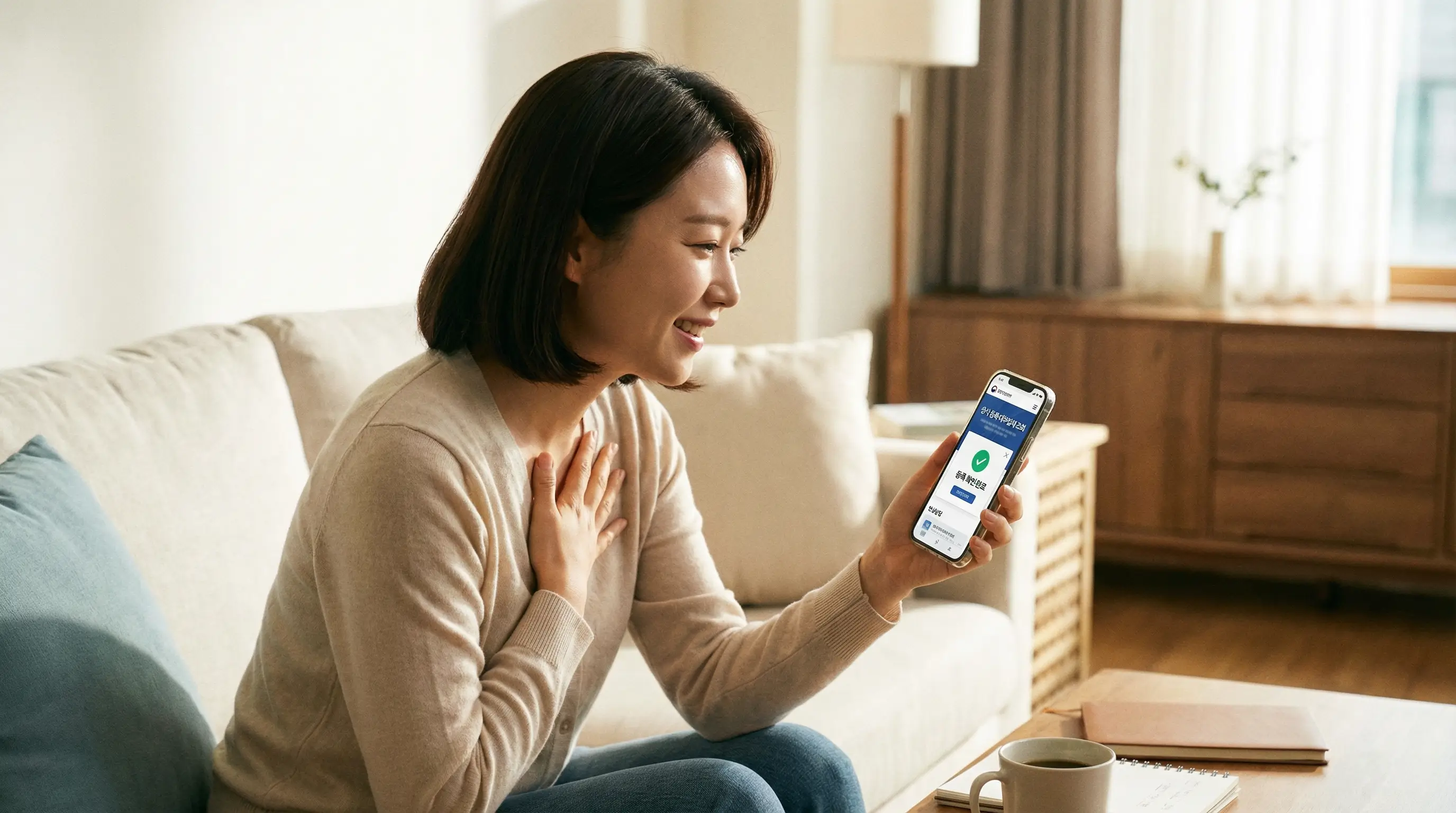 스마트폰으로 정식 등록 대부업체를 조회하고 안전하게 상담받는 안심하는 모습