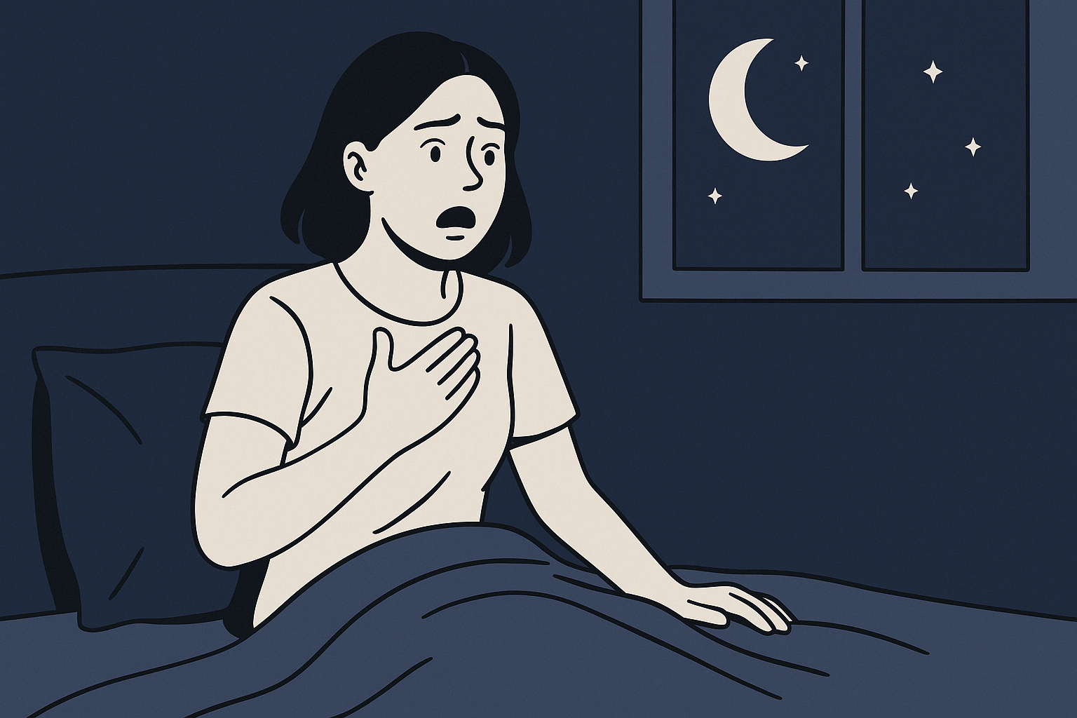 밤에 숨이 가빠 놀란 표정으로 가슴을 누른 채 침대에 앉아 있는 사람의 모습, 창문 밖에는 달과 별이 보이는 장면