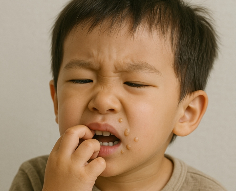 동양의 어린아이의 왼쪽 입 주변의 얼굴에 사마귀가 5개 나 있는 것을 확대를 하여 찍은 사진