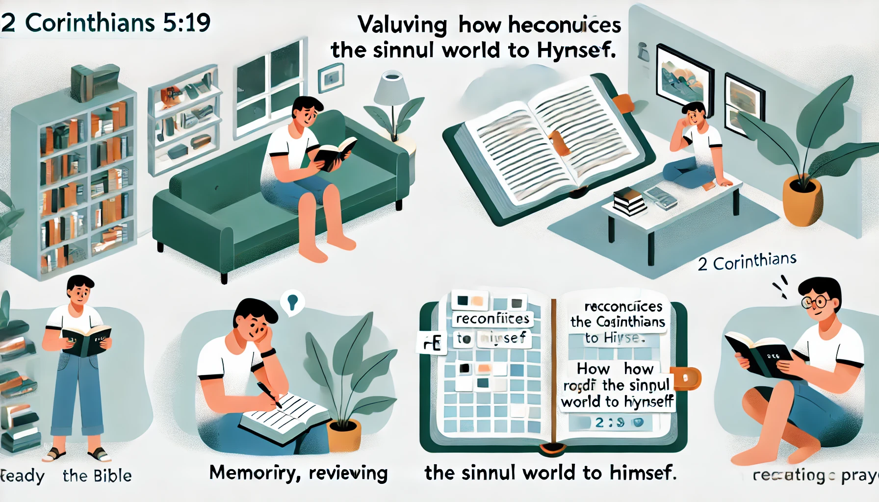 Here are the illustrations showing a modern person valuing the message from 2 Corinthians 5:19, focusing on how God reconciles the sinful world to Himself. The scenes depict the person memorizing, reviewing, and meditating on this precious message. Activities include reading the Bible, writing verses on notecards for memorization, and spending quiet time in reflection and prayer. The environment features a serene and dedicated study space with scriptures, reflecting their dedication to cherishing and internalizing God's message of reconciliation.