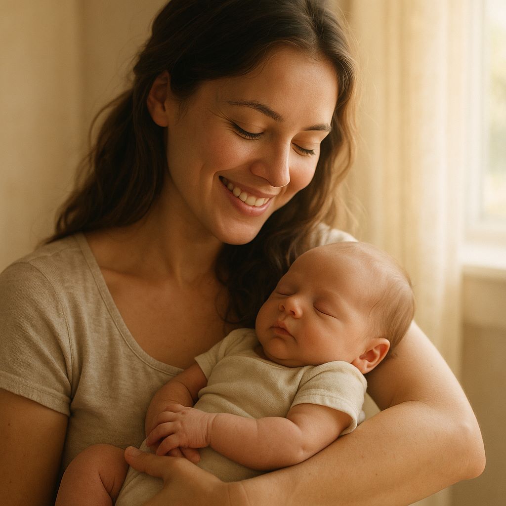 햇살 가득한 실내에서 엄마가 갓난아기를 안고 사랑스럽게 미소 짓는 모습, 따뜻하고 편안한 분위기의 고화질 사진