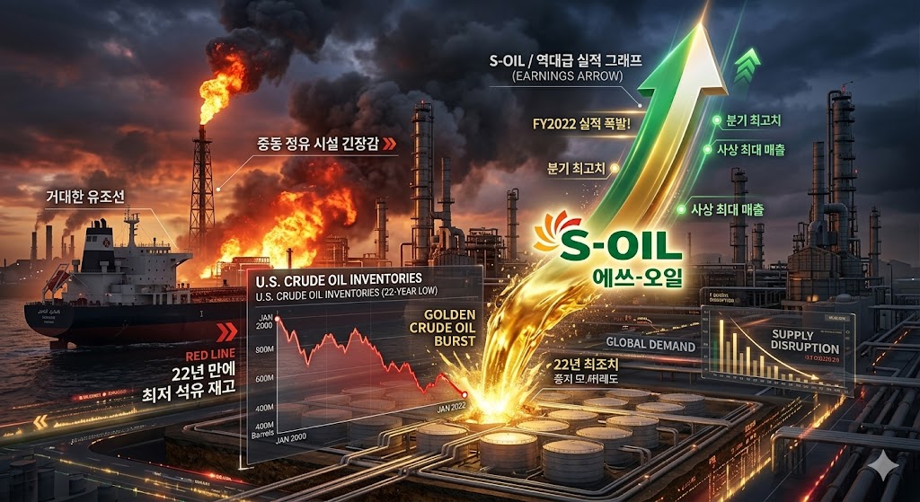 붉은 화염과 긴장감이 감도는 중동의 정유 시설과 거대한 유조선을 배경으로, 22년 만에 최저치로 내려앉은 미국의 석유 재고 창고(그래프 하락 변곡점)를 뚫고 솟구치는 거대한 황금빛 원유 기둥과 그 위로 대한민국 'S-Oil'의 로고가 겹치며 수직 우상향하는 역대급 실적 그래프(Earnings Arrow)가 화려하게 레이어드된 3D 하이테크 그래픽 이미지.