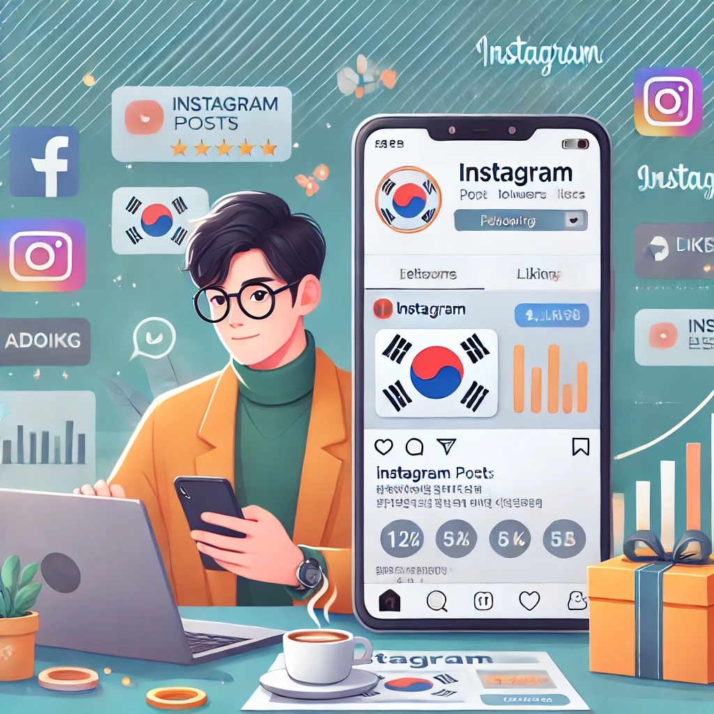 &quot;스마트폰으로 인스타그램 광고를 운영하는 한국의 소상공인이 집중하는 모습. 주변에는 노트북, 커피잔, 제품 상자와 브랜드 소품들이 있으며, 스마트폰 화면에는 인스타그램 게시물과 광고 통계가 표시됨. 부드러운 그라디언트 배경과 떠다니는 SNS 아이콘들이 함께 어우러진 디지털 일러스트&quot;