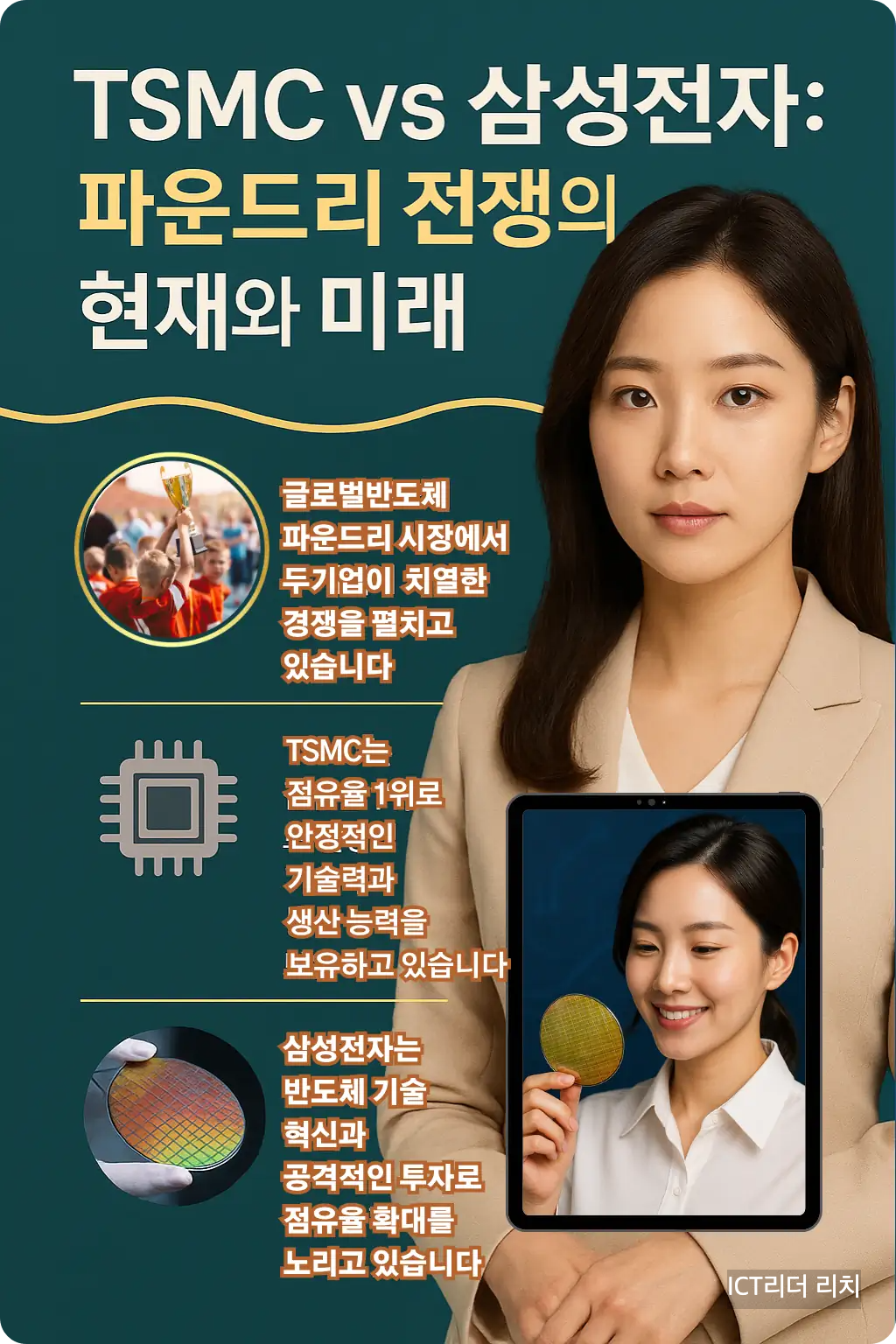 삼성전자와 TSMC 파운드리 경쟁을 상징하는 전문가 여성의 고퀄리티 실사 인포그래픽 이미지
