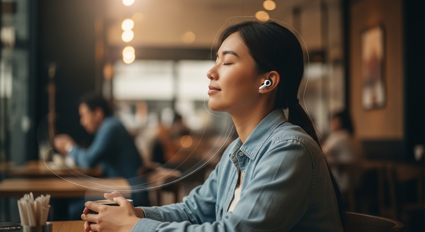 시끄러운 카페에서 무선 이어폰을 끼고 평온한 표정으로 집중하고 있는 사람의 모습. 노이즈 캔슬링 효과를 시각적으로 표현.