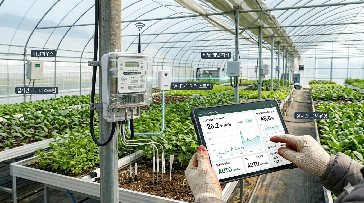 태블릿으로 스마트팜을 통제하는 모습