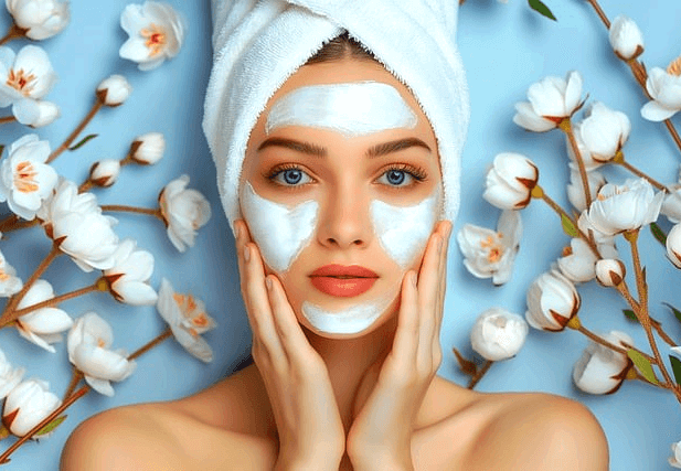 하얀 타울을 머리에 쓴 백인 여자가 얼굴에 하얀 팩을 한 뒤 정면을 바라본다. 주변에 하얀 꽃들이 가득하다.