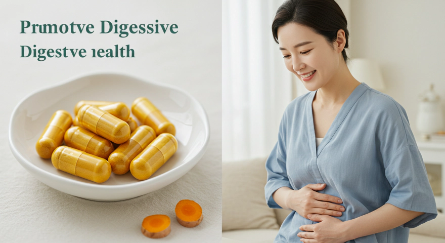 배를 잡고 있는 여성과 커큐민 영양제