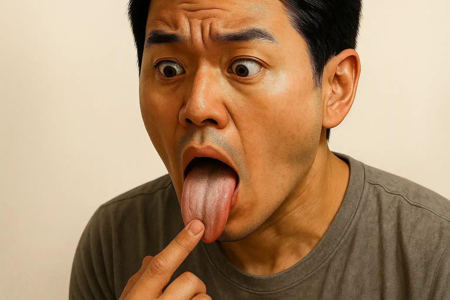 거울을 보며 놀란 표정으로 혀를 내밀어 확인하는 사람, 혀에 하얀 백태가 선명히 보임