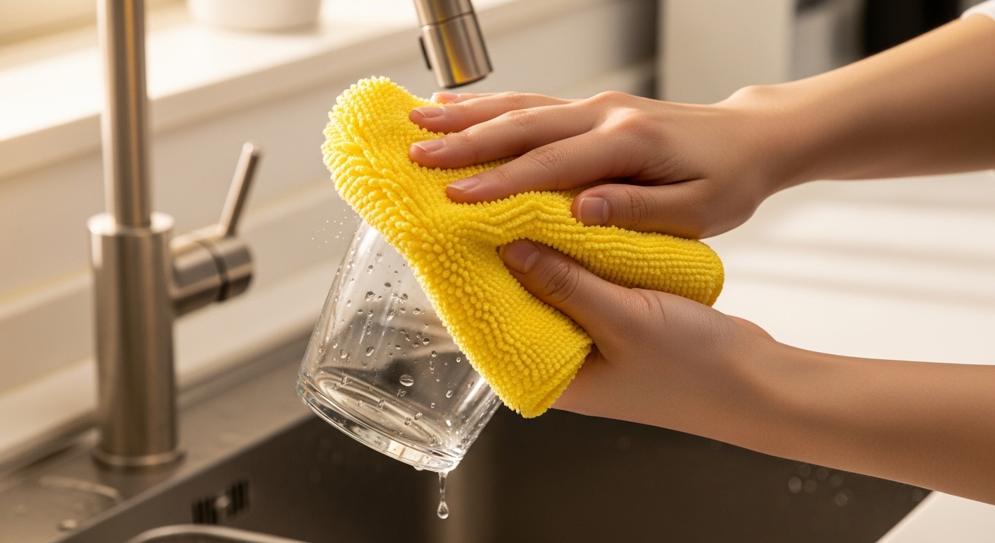 설거지 후 극세사 행주로 유리컵의 물기를 꼼꼼히 닦아내는 모습