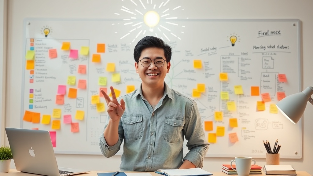 남성이 환한 표정으로 커다란 화이트보드 앞에 서 있다