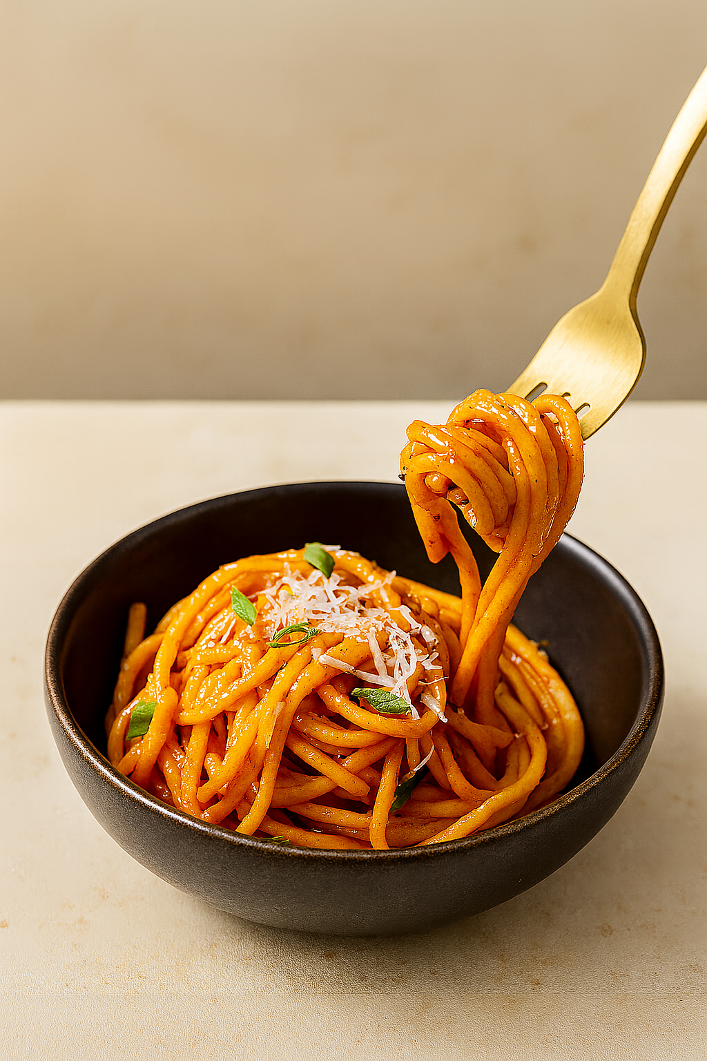 A bowl of gochujang butter noodles topped with shredded cheese and scallions, with a golden fork lifting a twirl of spicy Korean pasta.