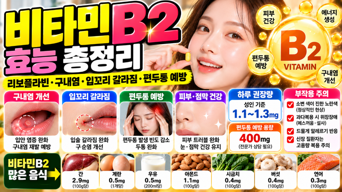 비타민B2 효능 총정리｜리보플라빈&middot;구내염&middot;입꼬리 갈라짐&middot;편두통 예방 400mg&middot;하루 권장량&middot;부작용