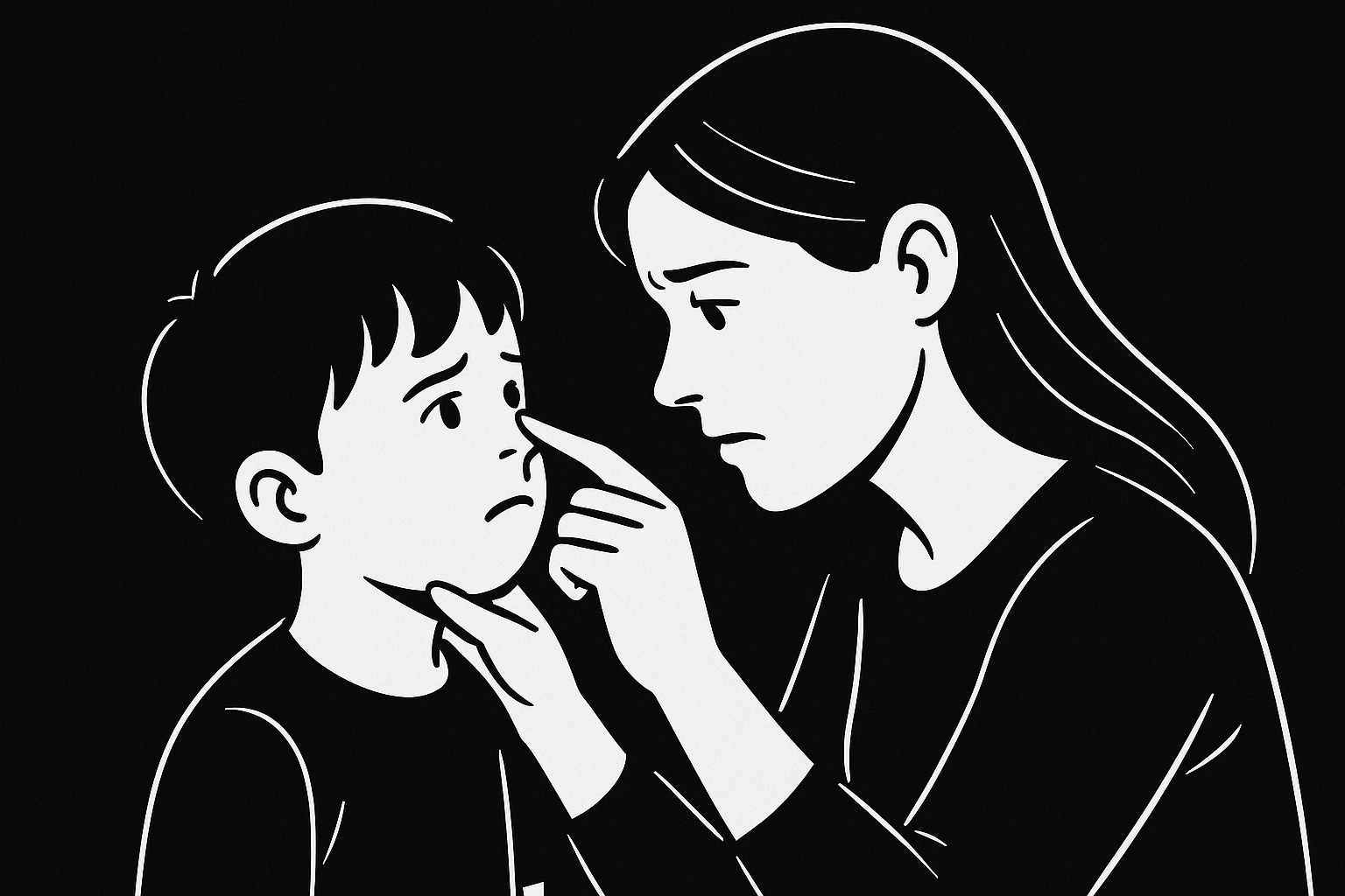 아이의 코에 이물질이 들어갔을 때 걱정하는 엄마가 코를 조심히 확인하는 장면