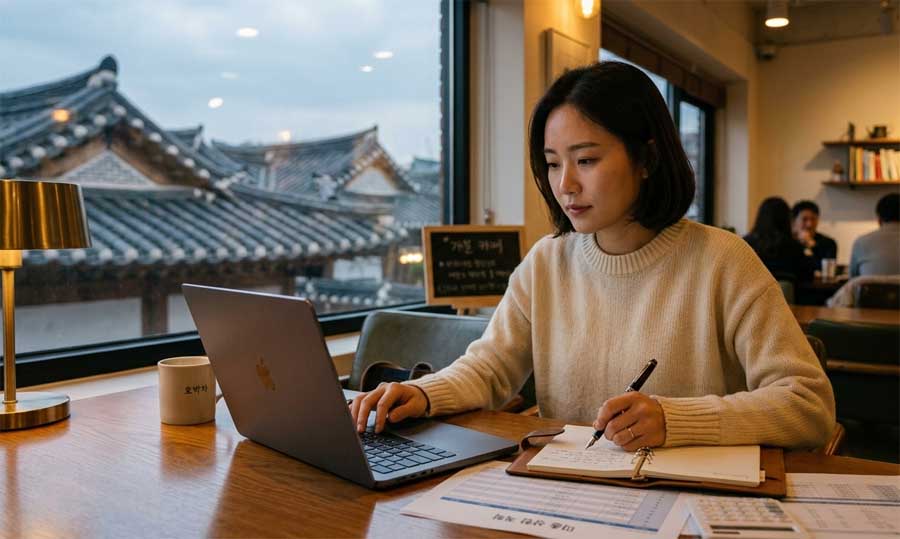 아늑한 한옥 카페에서 대출 거치기간 설정에 따른 총이자 증가 계산 예시를 검토하며 금융 설계를 고민하는 한국 여성의 모습